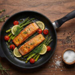 מחבת Swiss Diamond XD בקוטר 28 ס"מ עם נתחי סלמון צרובים, אספרגוס ועגבניות שרי על שולחן עץ.