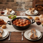 סיר סוטאז' Swiss Diamond XD 24 cm עם כדורי בשר ברוטב עגבניות במרכז שולחן אירוח מעוצב.