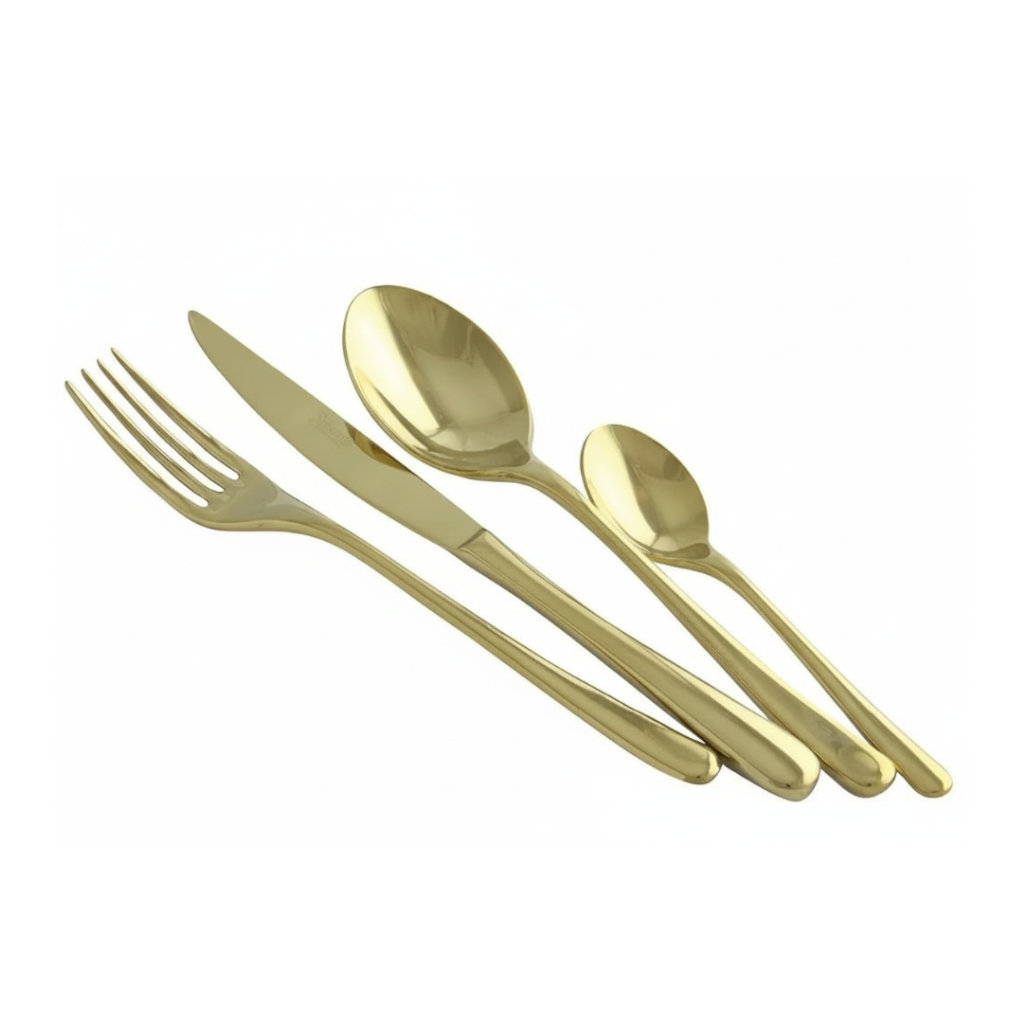 מערכת סכו"ם איטלקית סלווינלי פרינסס גולד – נירוסטה 18/10 בעיצוב מלכותי קלאסי ומבריק. סט סכו"ם 24 חלקים Salvinelli דגם Princess Gold בציפוי PVD זהב יוקרתי על רקע לבן.