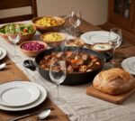 שולחן אירוח כפרי ערוך עם סיר סוטאז' 32 ס"מ במרכז מלא בתבשיל בקר.