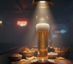 כוס בירה יוקרתית מונחת על דלפק בר מעץ באווירה ביתית וחמה