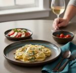 פסטה איטלקית ברוטב שמנת מוגשת על צלחת LifeConcept מבריקה.