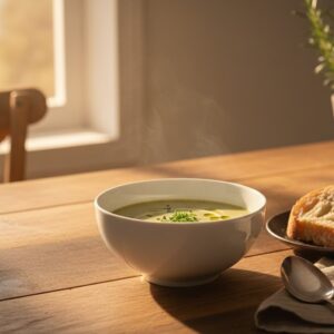 קערת פורצלן לבנה מלאה בדגני בוקר על שולחן עץ טבעי