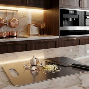 שימוש בקרש חיתוך מתכתי להפשרה מהירה וחיתוך ירקות על דלפק שיש בהיר.