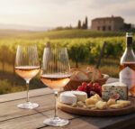 כוס יין Carré Optics עם יין רוזה ורוד המדגיש את העיצוב האופטי לצד גבינות בוטיק.