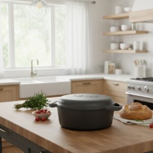 ימוש בסיר ברזל יצוק על כיריים אינדוקציה במטבח מודרני.