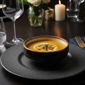 חוויה קולינרית רב-חושית: הגשת תבשיל קדירה בקערית קרמיקה חומה ומעוצבת.