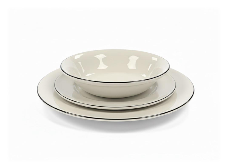 מערכת אוכל 18 חלקים Churchill צ'רצ'יל דגם קלאסי לבן עם פס שחור ל-6 סועדים. סט צלחות פורצלן יוקרתי 18 חלקים מבית Churchill אנגליה בעיצוב לבן עם פס שחור על רקע לבן.