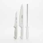 סט 3 חלקים טרמונטינה Premium הכולל שתי סכינים ומשחז (שטול) עם ידיות לבנות.