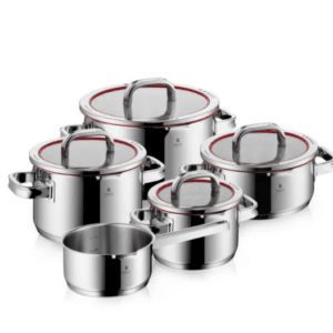 סט WMF Function 4 5 חלקים עם סירי נירוסטה ומכסה זכוכית.