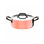 מבט מזווית עליונה על סיר נחושת Tramontina Trix Cobre לצד המכסה שלו על רקע לבן.