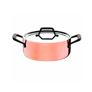 מבט מזווית עליונה על סיר נחושת Tramontina Trix Cobre לצד המכסה שלו על רקע לבן.
